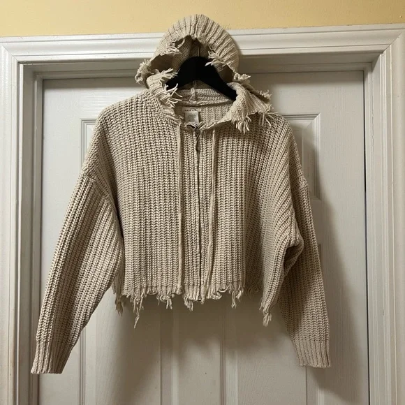 Main Strip Tan Hooded Cardigan Sweater - Picture 2 of 6